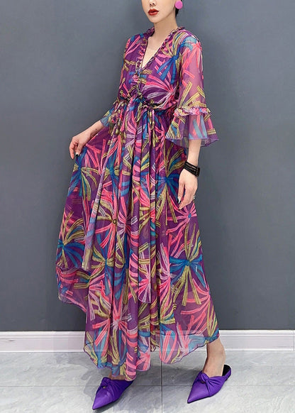 Purple Print Wrinkled Chiffon Long Dresses Half Sleeve