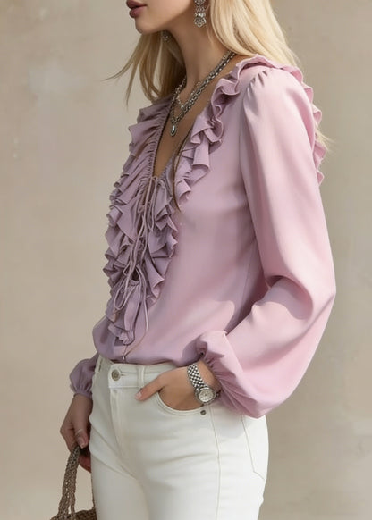 Purple Ruffled Lace Up Chiffon Blouses V Neck Lantern Sleeve