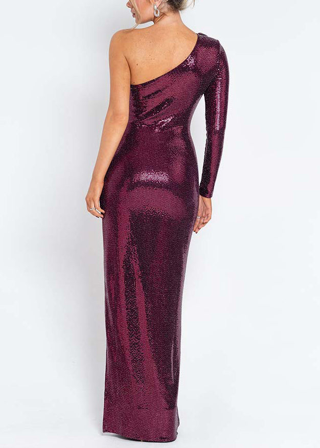 Purple Side Open Slim Fit Spring Long Dresses One Shoulder