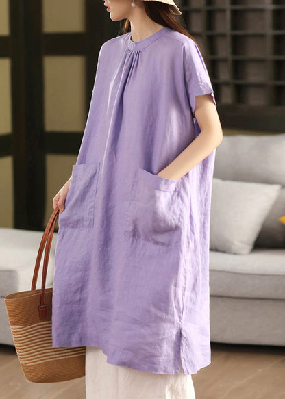 Purple Side Open Solid Linen Solid Dress O Neck
