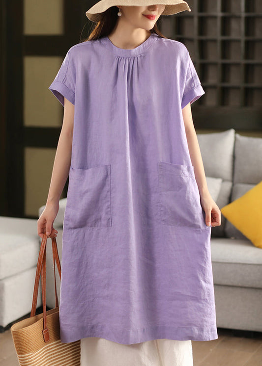 Purple Side Open Solid Linen Solid Dress O Neck