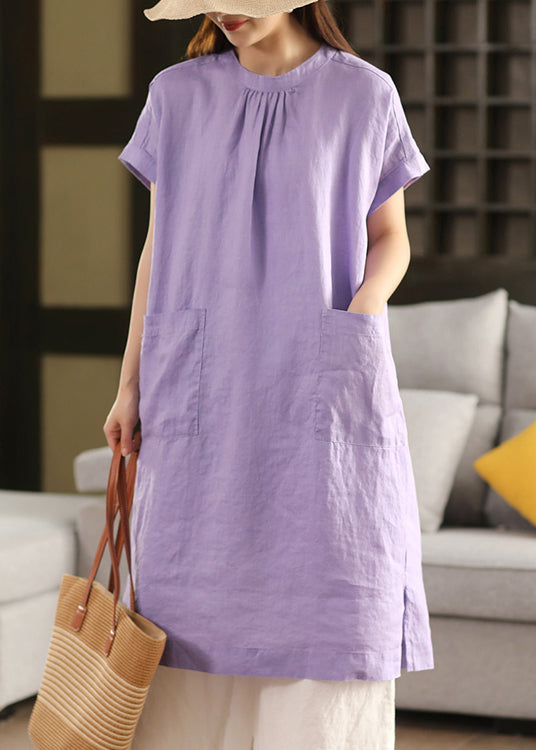 Purple Side Open Solid Linen Solid Dress O Neck