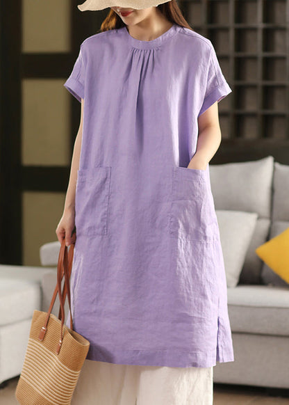 Purple Side Open Solid Linen Solid Dress O Neck