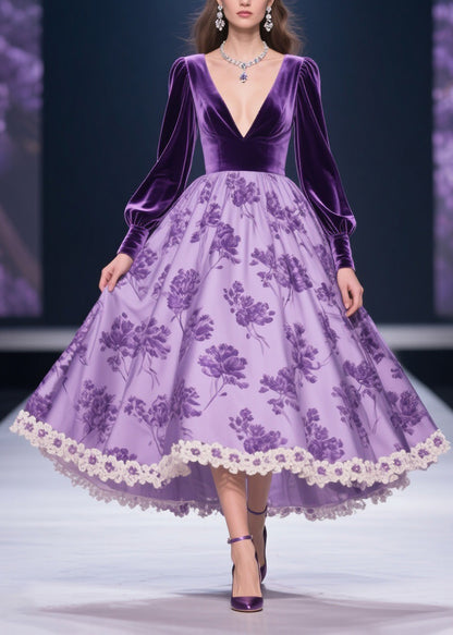 Purple Solid Silk Velvet Patchwork Print Lace Floral Long Dress V Neck Spring