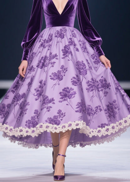 Purple Solid Silk Velvet Patchwork Print Lace Floral Long Dress V Neck Spring