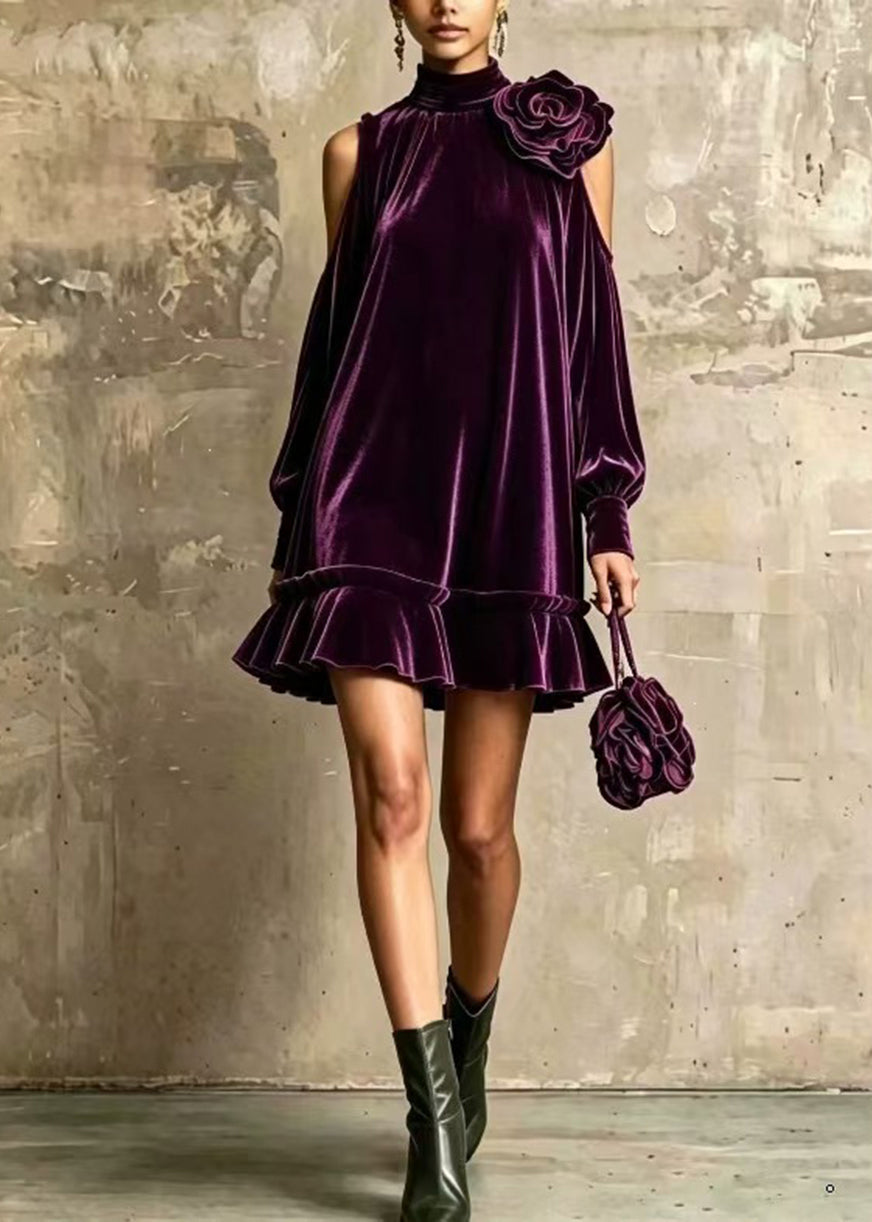 Purple Stereoscopic Floral Velvet Dresses Hign Neck Ruffled Fall