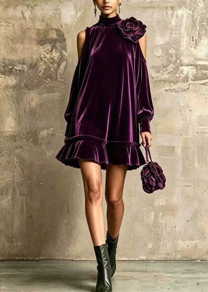 Purple Stereoscopic Floral Velvet Dresses Hign Neck Ruffled Fall