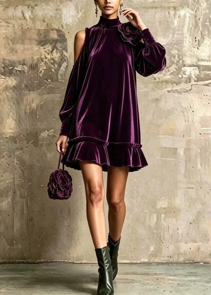 Purple Stereoscopic Floral Velvet Dresses Hign Neck Ruffled Fall