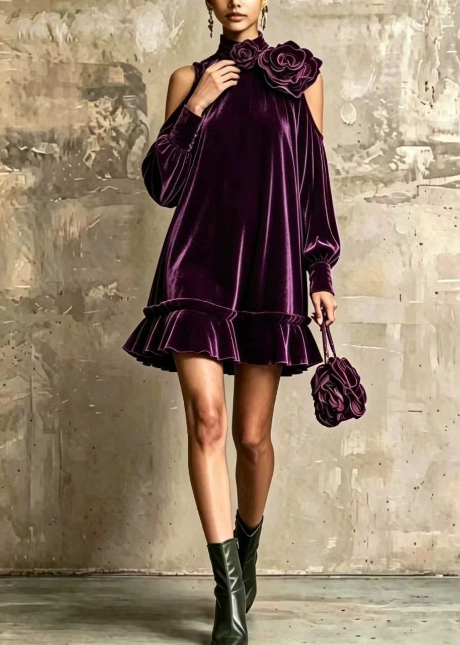 Purple Stereoscopic Floral Velvet Dresses Hign Neck Ruffled Fall