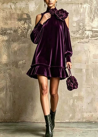 Purple Stereoscopic Floral Velvet Dresses Hign Neck Ruffled Fall