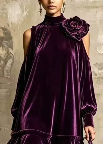 Purple Stereoscopic Floral Velvet Dresses Hign Neck Ruffled Fall
