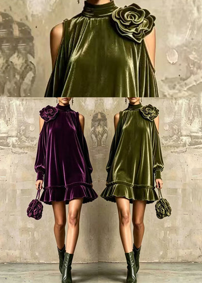 Purple Stereoscopic Floral Velvet Dresses Hign Neck Ruffled Fall