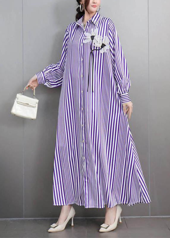 Purple Striped Button Party Long Dress Fall