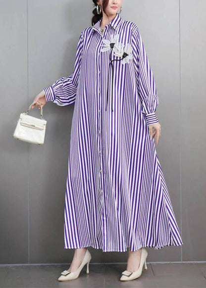 Purple Striped Button Party Long Dress Fall