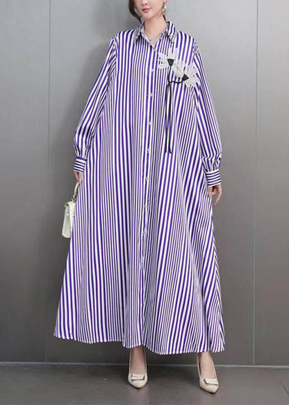 Purple Striped Button Party Long Dress Fall