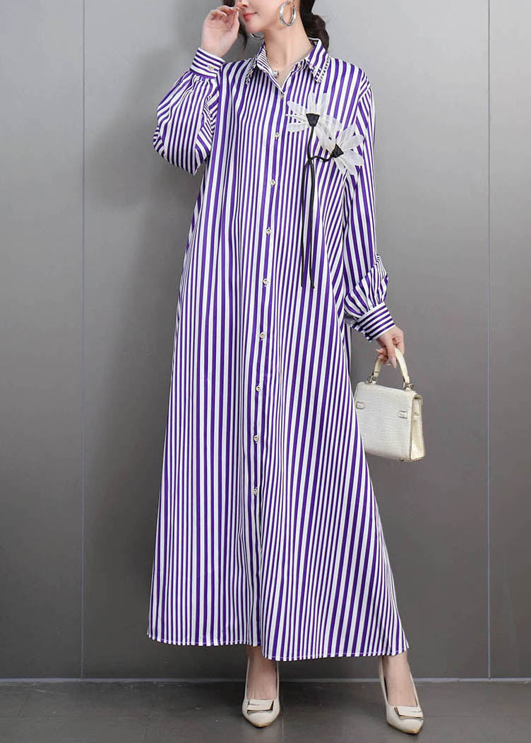 Purple Striped Button Party Long Dress Fall