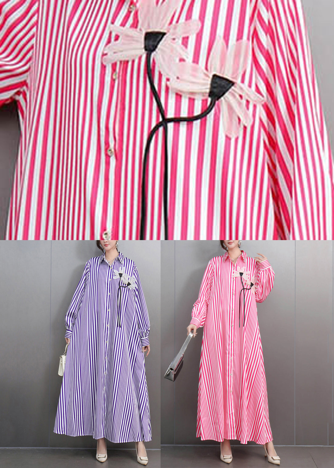 Purple Striped Button Party Long Dress Fall