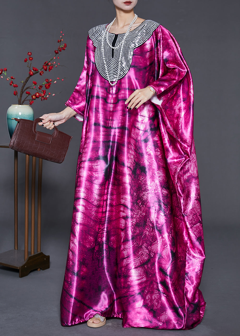 Purple Tie Dye Silk Maxi Dress Sequins Oversized Summer