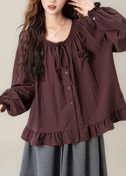 Purple Tie Lace Solid Shirt Lantern Sleeve
