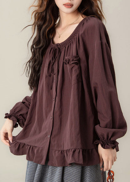 Purple Tie Lace Solid Shirt Lantern Sleeve