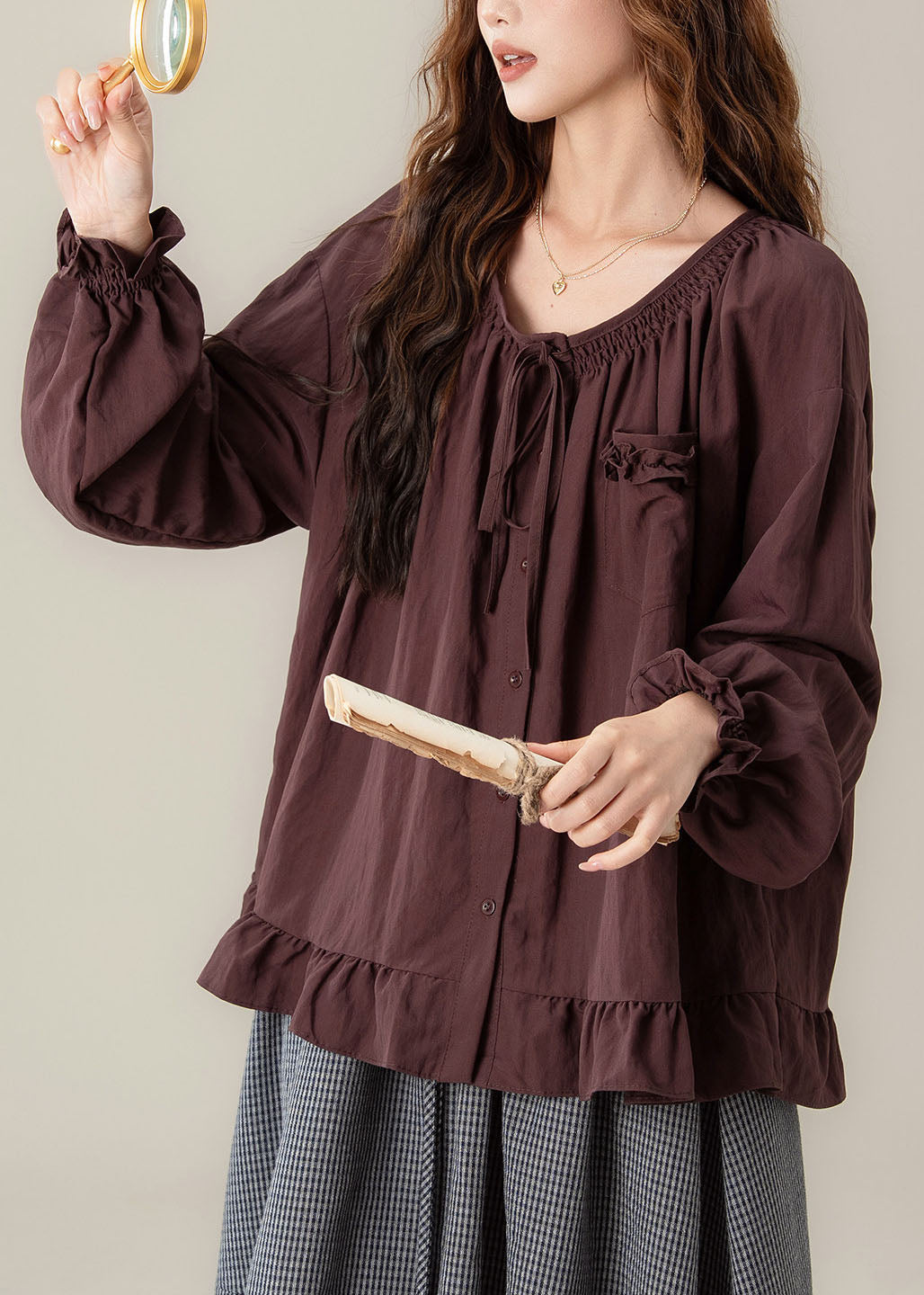 Purple Tie Lace Solid Shirt Lantern Sleeve