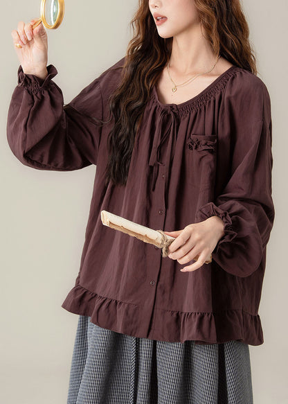 Purple Tie Lace Solid Shirt Lantern Sleeve