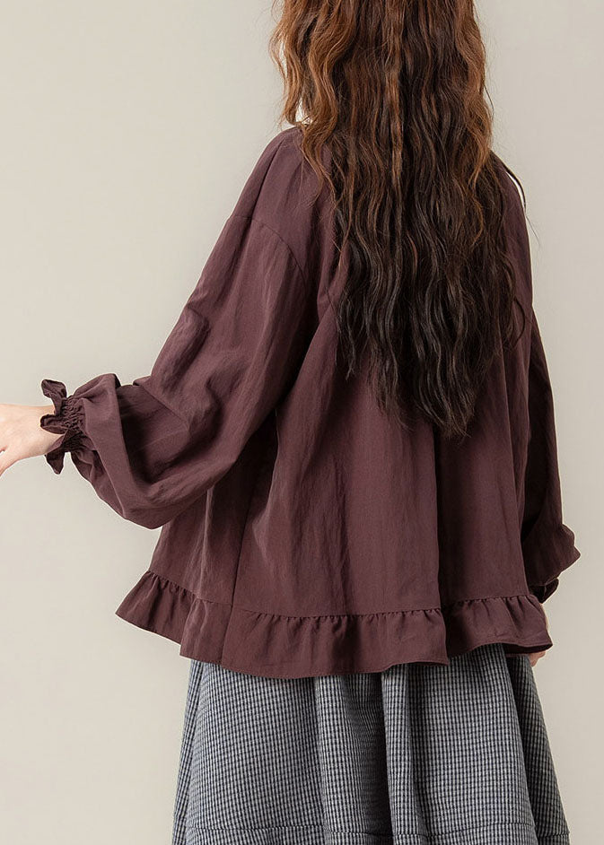 Purple Tie Lace Solid Shirt Lantern Sleeve