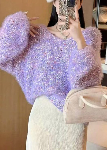 Purple Warm Knit Loose Sweaters O-Neck Winter