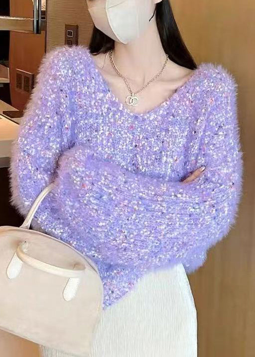 Purple Warm Knit Loose Sweaters O-Neck Winter