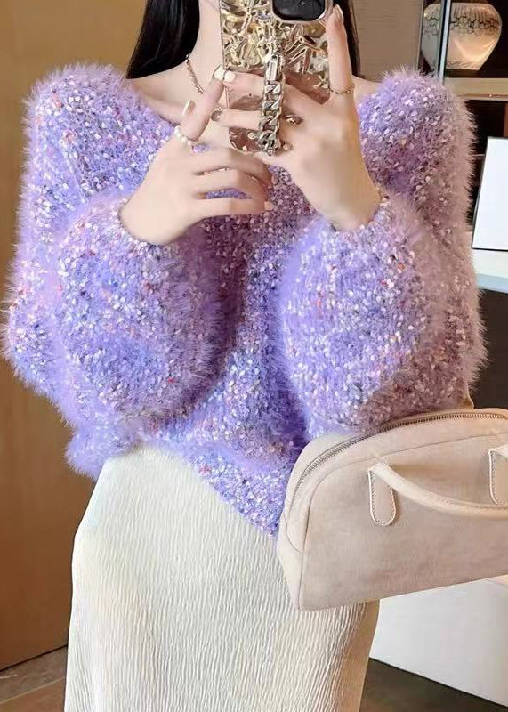 Purple Warm Knit Loose Sweaters O-Neck Winter
