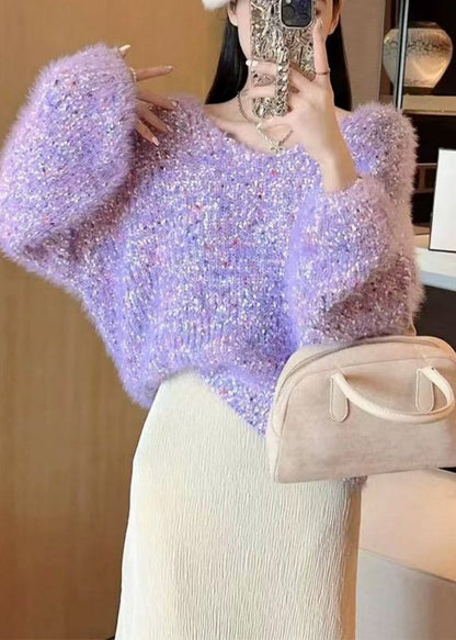Purple Warm Knit Loose Sweaters O-Neck Winter