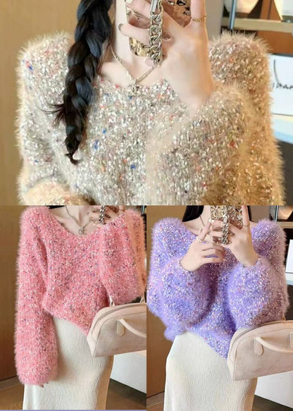 Purple Warm Knit Loose Sweaters O-Neck Winter