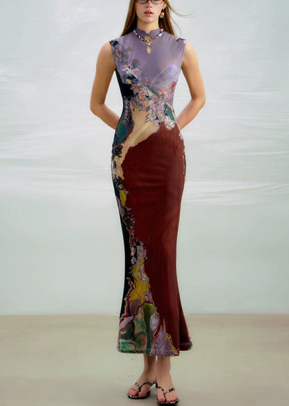 Purple Wear On Both Sides Long Dress Print Sleeveless