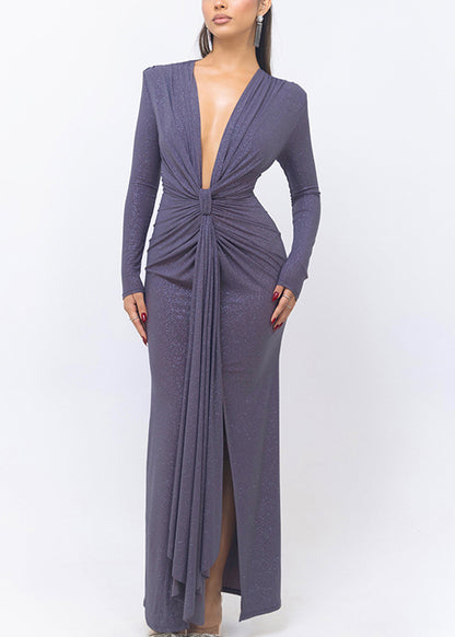 Purple Wrinkled Side Open Spring Long Dresses V Neck