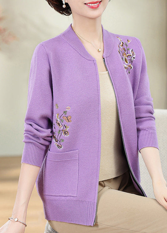 Purple Zippered Patchwork Cotton Knit Cardigans Spring