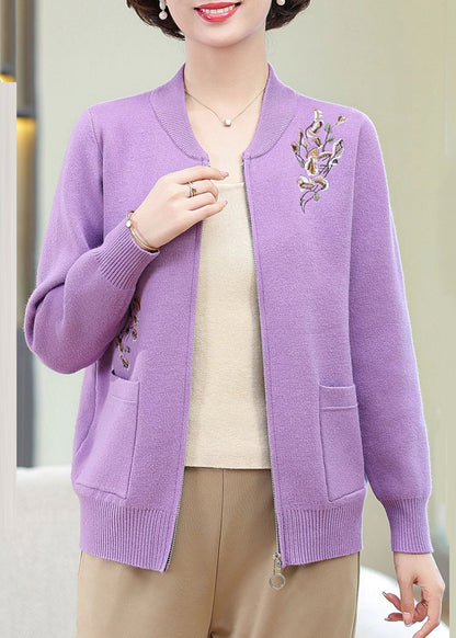 Purple Zippered Patchwork Cotton Knit Cardigans Spring