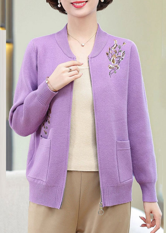 Purple Zippered Patchwork Cotton Knit Cardigans Spring