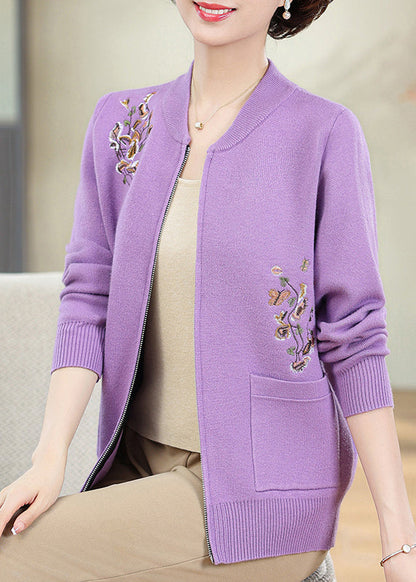 Purple Zippered Patchwork Cotton Knit Cardigans Spring