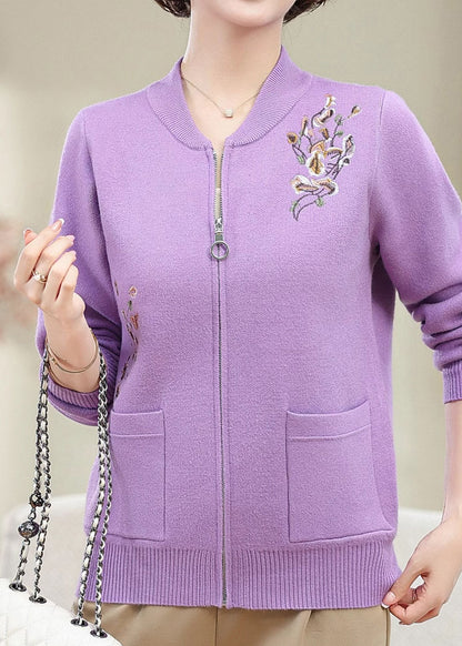 Purple Zippered Patchwork Cotton Knit Cardigans Spring
