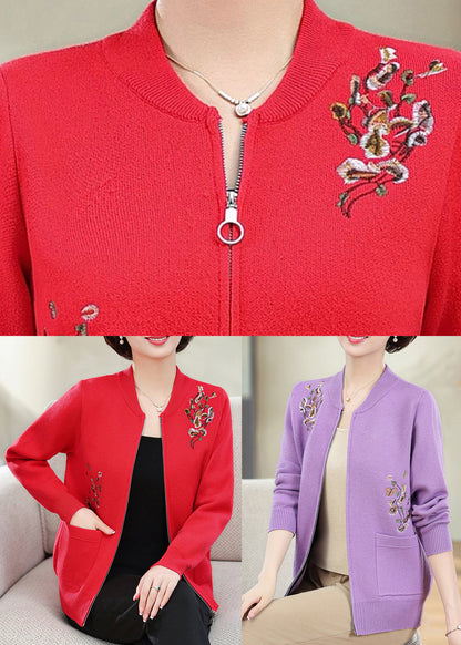 Purple Zippered Patchwork Cotton Knit Cardigans Spring