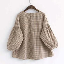 Load image into Gallery viewer, French Plaid Cotton Women Fine Sewing Asymmetric Plus Size Clothing Blouse