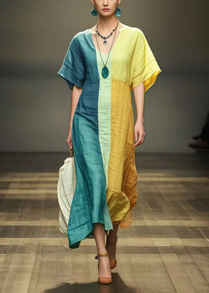 Rainbow Patchwork Cotton Holiday Dress Wrinkled Summer