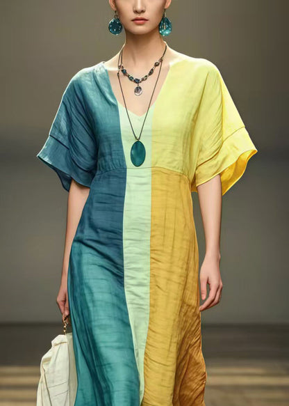 Rainbow Patchwork Cotton Holiday Dress Wrinkled Summer