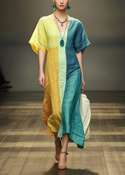 Rainbow Patchwork Cotton Holiday Dress Wrinkled Summer