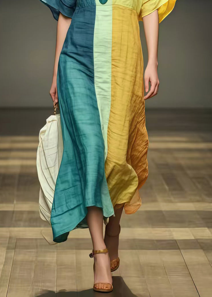 Rainbow Patchwork Cotton Holiday Dress Wrinkled Summer