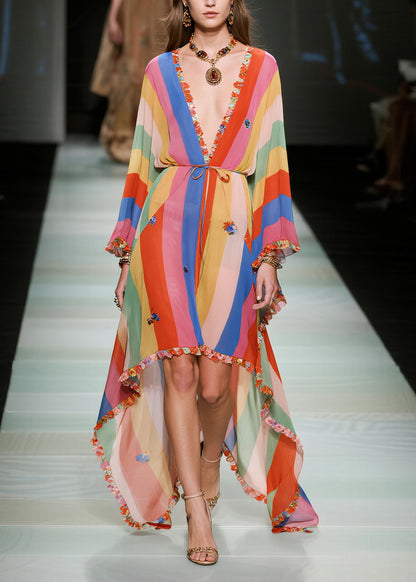 Rainbow Striped Chiffon Beach Dress Ruffled Butterfly Summer