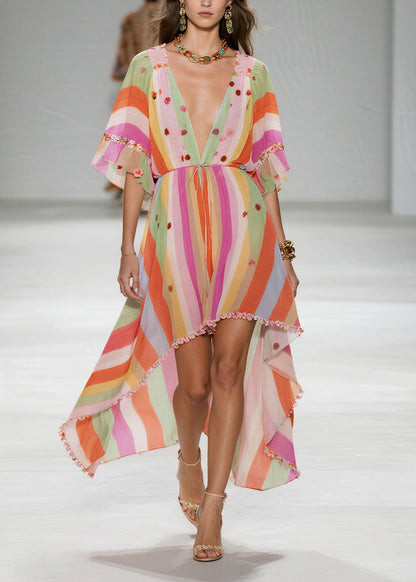 Rainbow Striped Chiffon Party Dress Ruffled Low High Design Summer