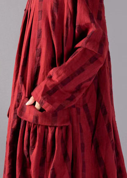 Khaki geometry Big Pockets Linen Vacation Dresses Wrinkled Long Sleeve