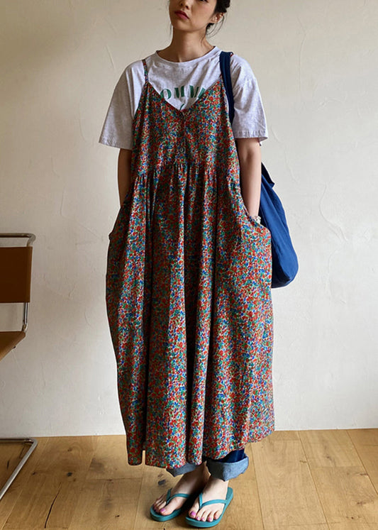 Red Button Print Cotton Sleeveless Spaghetti Strap Dress V Neck