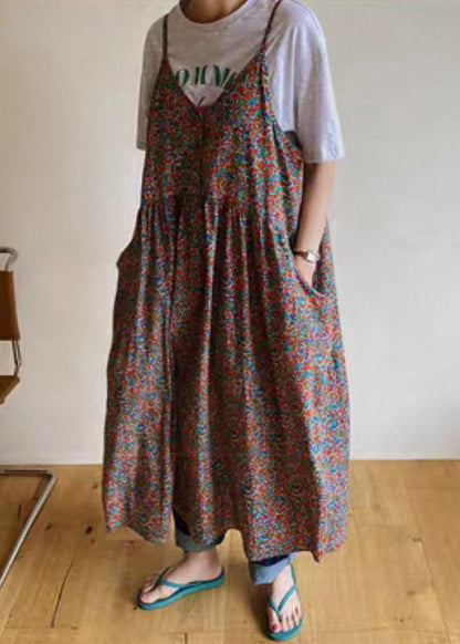 Red Button Print Cotton Sleeveless Spaghetti Strap Dress V Neck